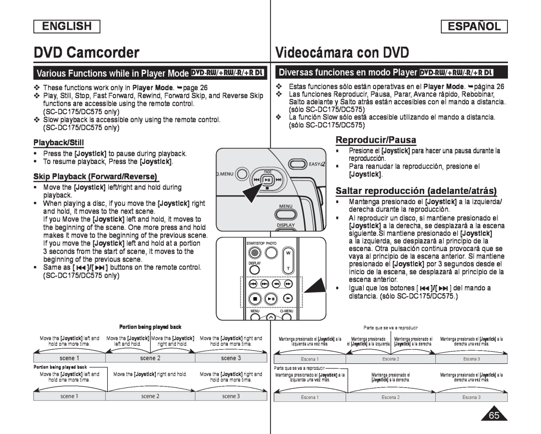 Various Functions while in Player Mode DVD-RW/+RW/-R/+RDL Handheld SC-DC575