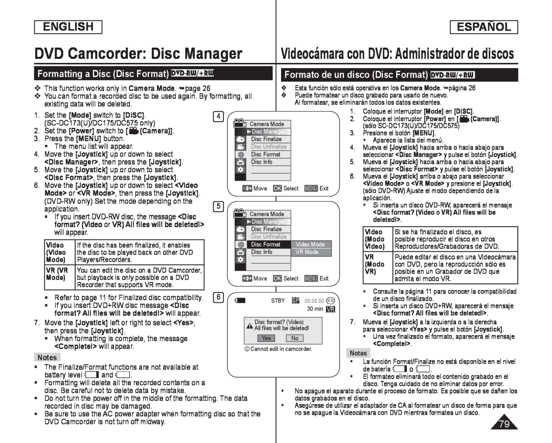 Formatting a Disc (Disc Format) DVD-RW/+RW Formato de un disco (Disc Format) DVD-RW/+RW