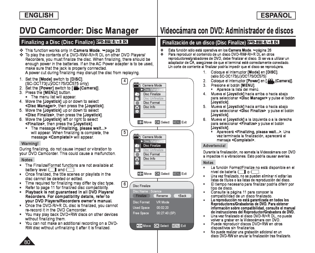 Finalización de un disco (Disc Finalize) DVD-RW/-R/+RDL Handheld SC-DC575