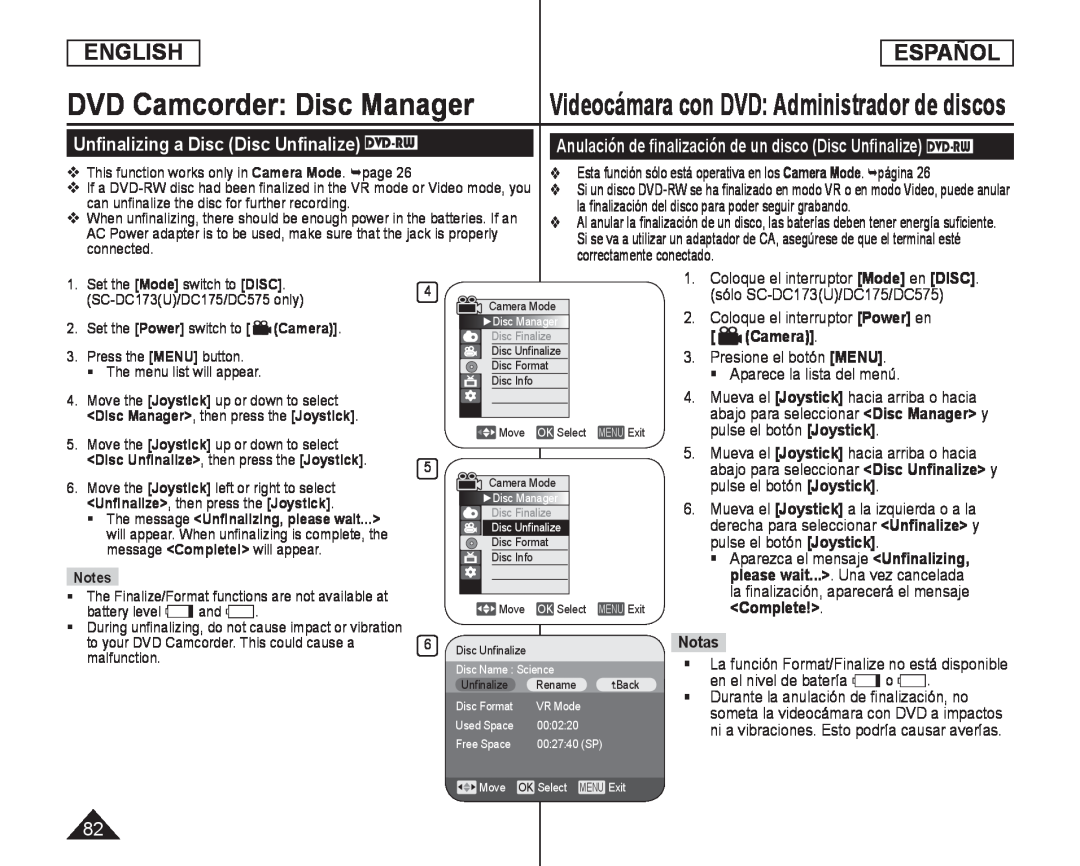 Unﬁnalizing a Disc (Disc Unﬁnalize) DVD-RW Handheld SC-DC575