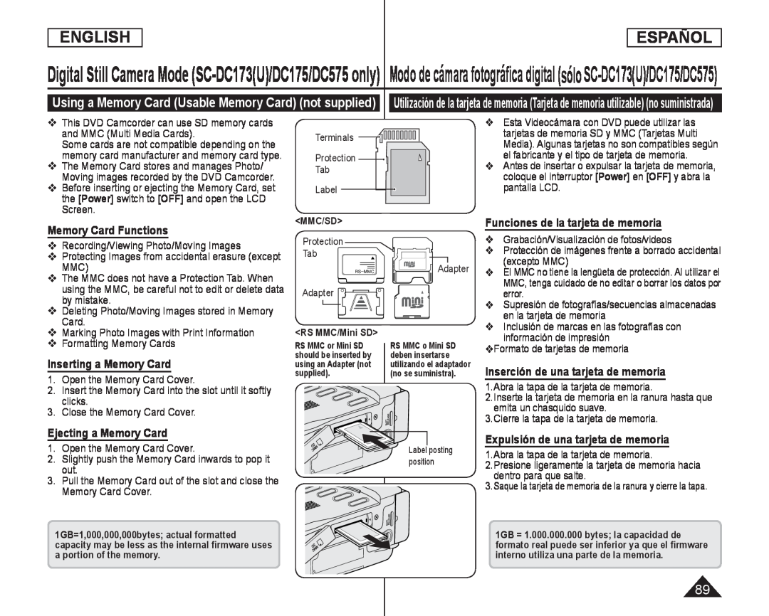 Funciones de la tarjeta de memoria Handheld SC-DC575