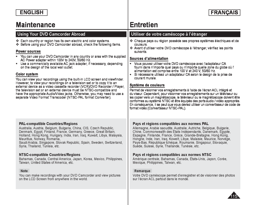 Pays et régions compatibles aux normes PAL Handheld SC-DC173U