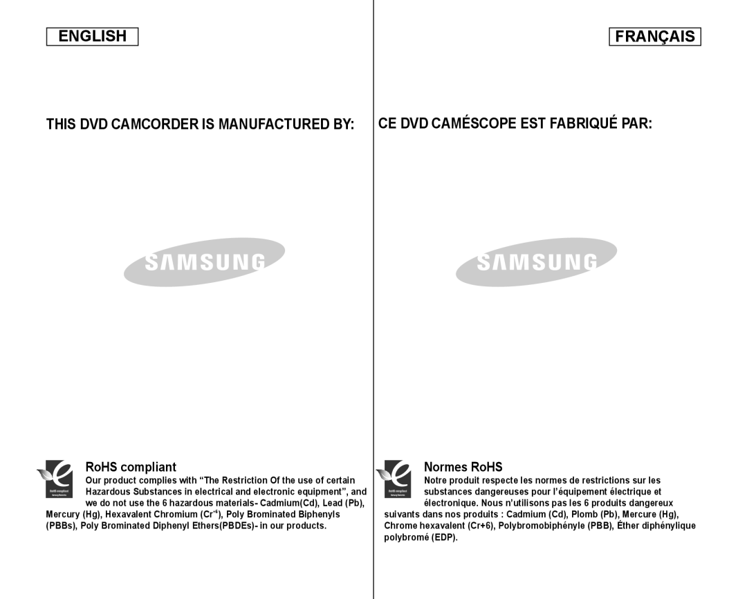 THIS DVD CAMCORDER IS MANUFACTURED BY: CE DVD CAMÉSCOPE EST FABRIQUÉ PAR: Handheld SC-DC173U