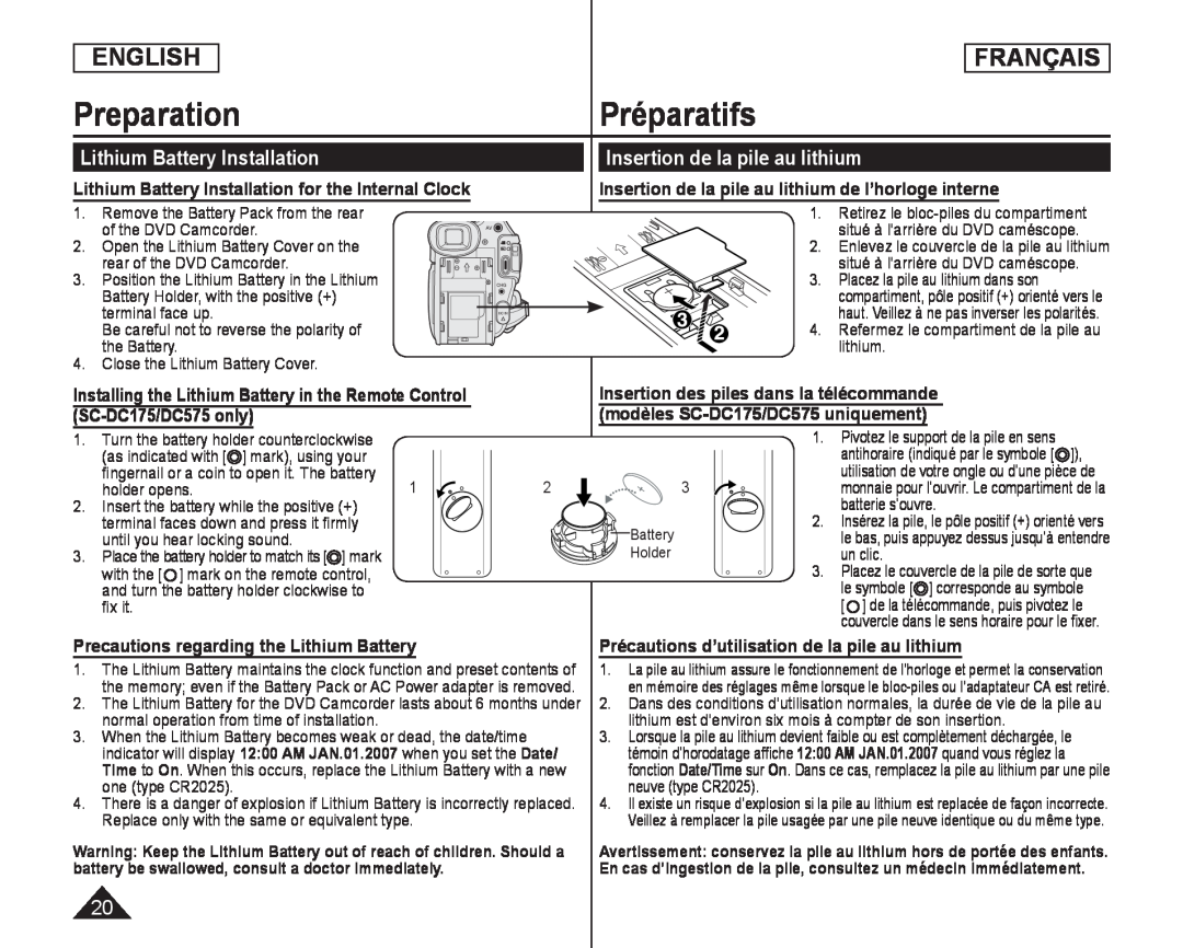 Installing the Lithium Battery in the Remote Control (SC-DC175/DC575only) Handheld SC-DC173U