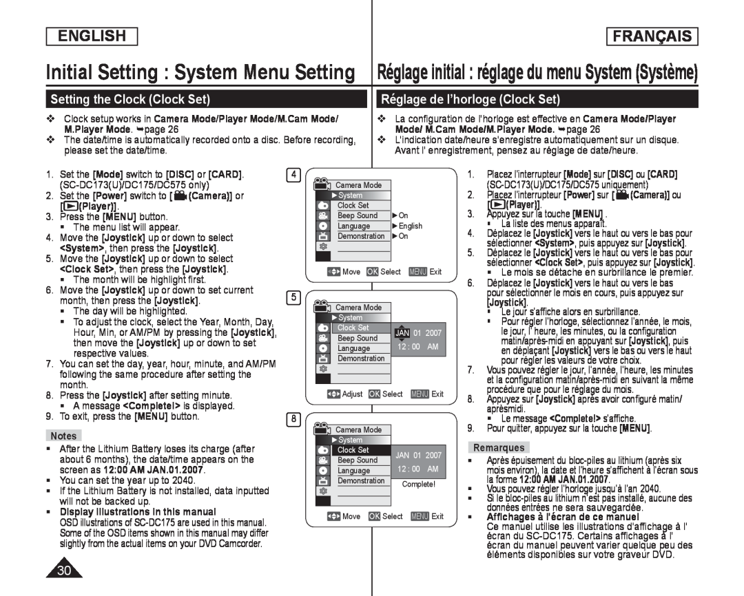 Réglage initial : réglage du menu System (Système) Handheld SC-DC173U