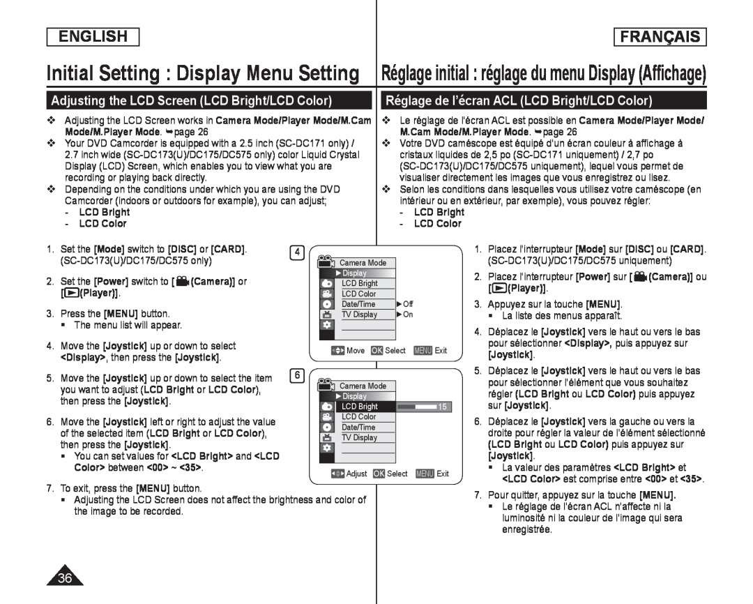 Réglage initial : réglage du menu Display (Afﬁchage) Handheld SC-DC173U