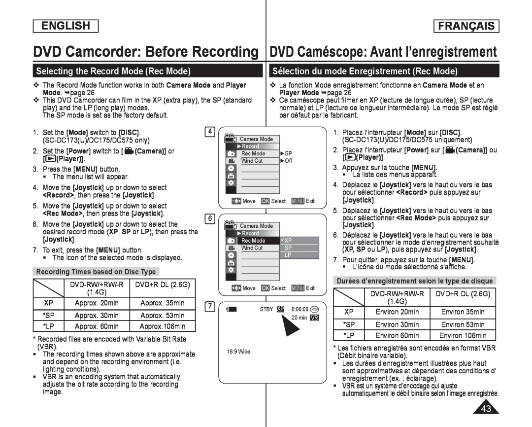 Selecting the Record Mode (Rec Mode) Sélection du mode Enregistrement (Rec Mode)