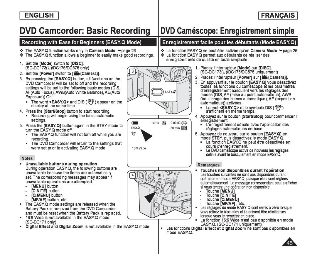 Enregistrement facile pour les débutants (Mode EASY.Q) Handheld SC-DC173U