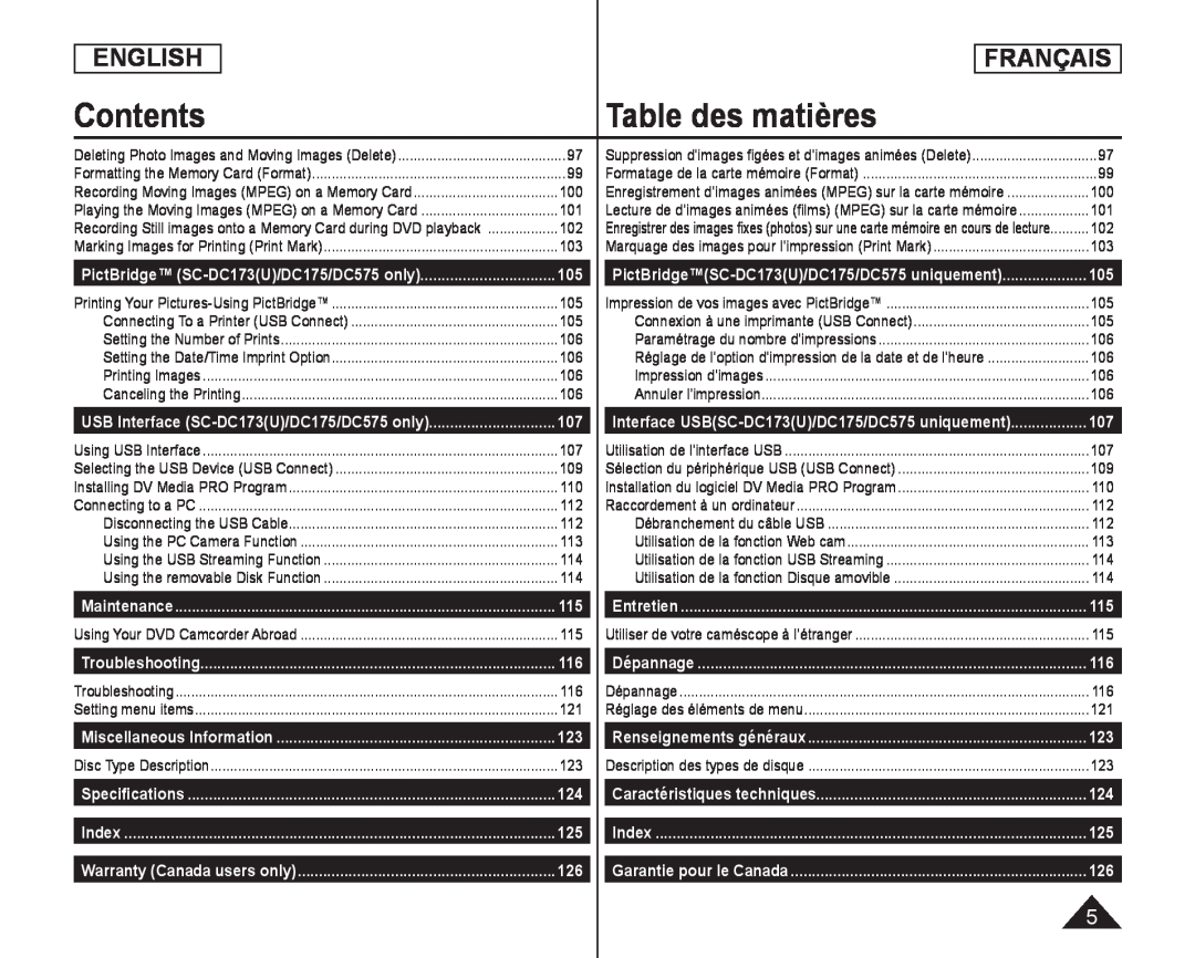 Table des matières Handheld SC-DC173U