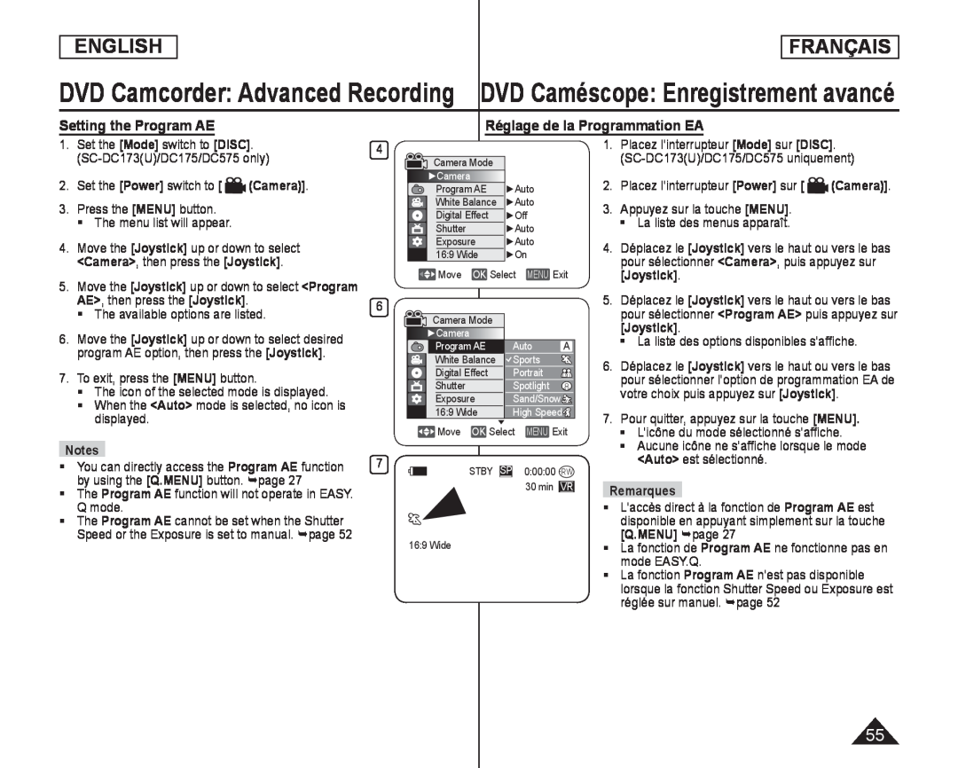 Setting the Program AE Réglage de la Programmation EA