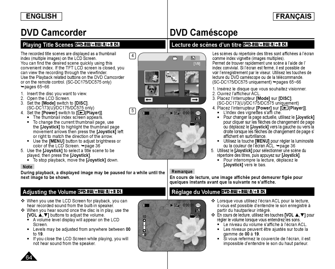 Playing Title Scenes DVD-RW/+RW/-R/+RDL Lecture de scènes d’un titre DVD-RW/+RW/-R/+RDL