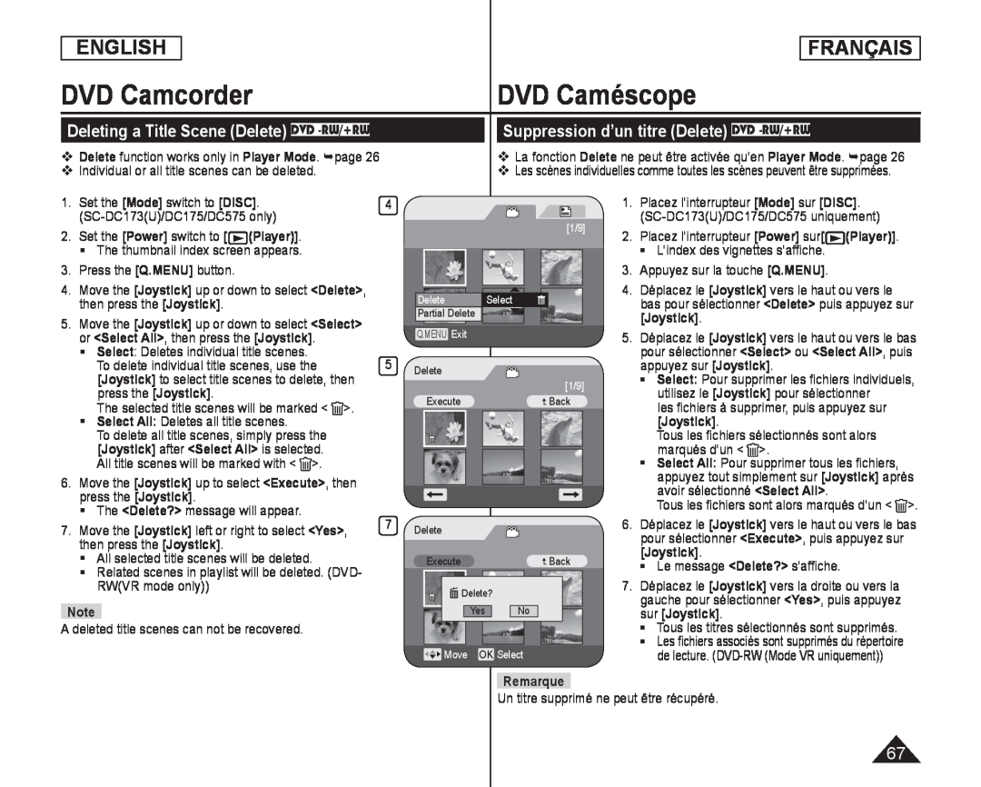 Deleting a Title Scene (Delete) DVD -RW/+RW Suppression d’un titre (Delete) DVD -RW/+RW