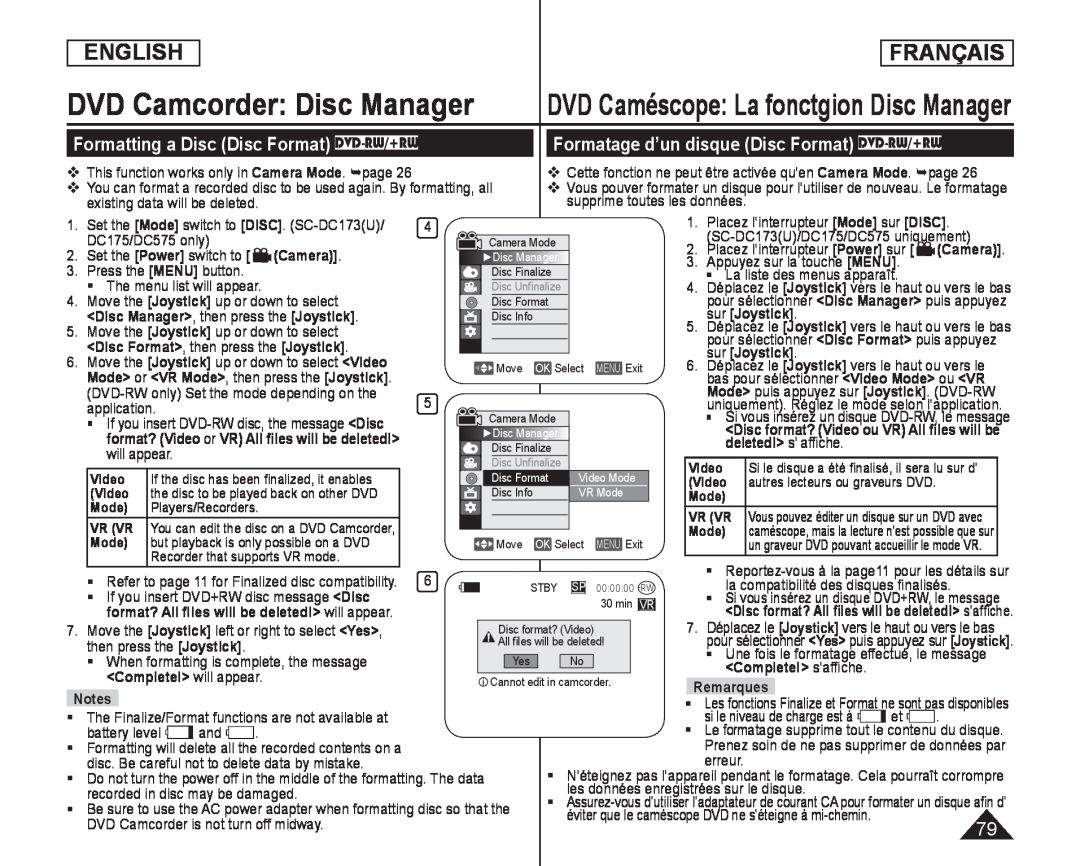 Formatting a Disc (Disc Format) DVD-RW/+RW Formatage d’un disque (Disc Format) DVD-RW/+RW