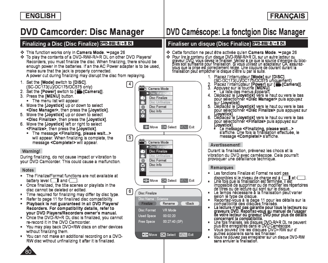 Finalizing a Disc (Disc Finalize) DVD-RW/-R/+RDL Handheld SC-DC173U