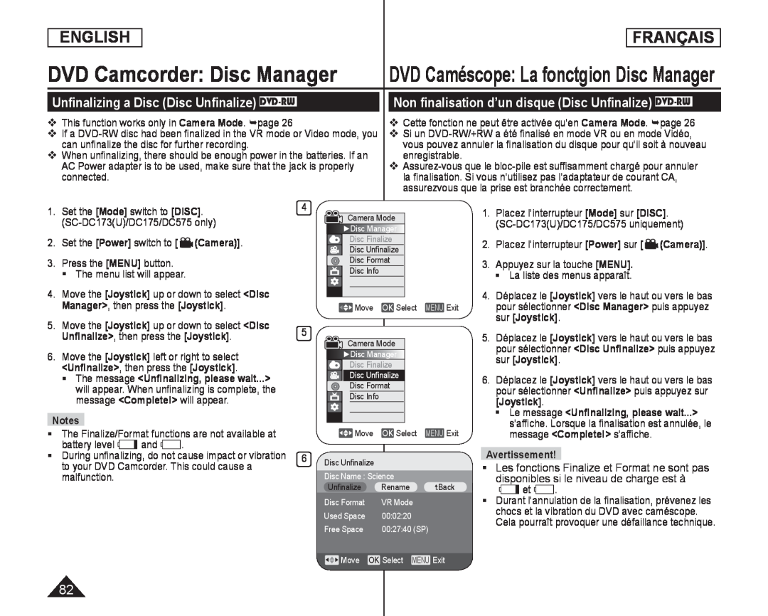 Unﬁnalizing a Disc (Disc Unﬁnalize) DVD-RW Non ﬁnalisation d’un disque (Disc Unﬁnalize) DVD-RW