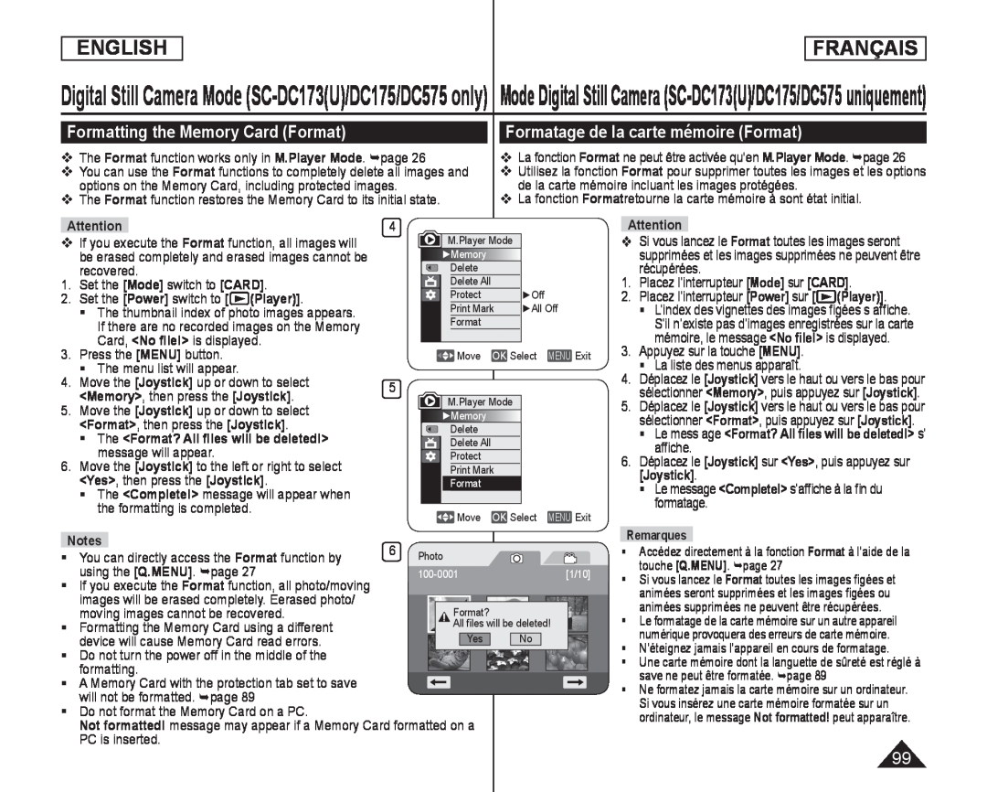 Formatting the Memory Card (Format) Formatage de la carte mémoire (Format)