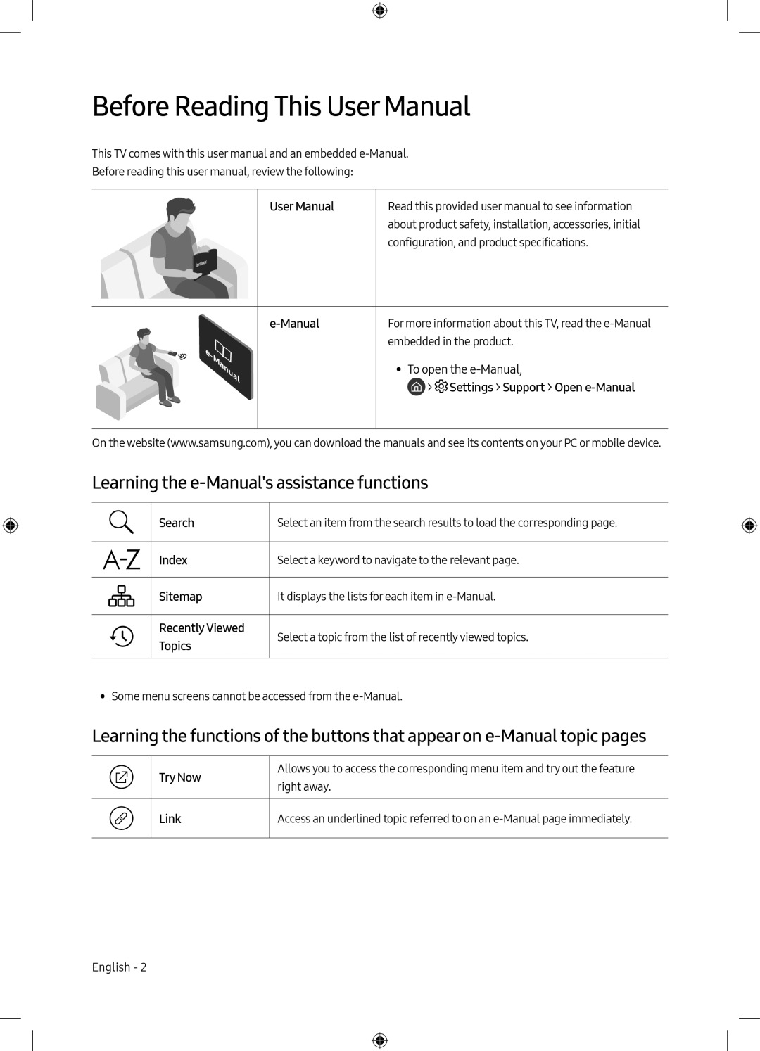 Learning the e-Manual'sassistance functions Learning the functions of the buttons that appearon e-Manualtopic pages