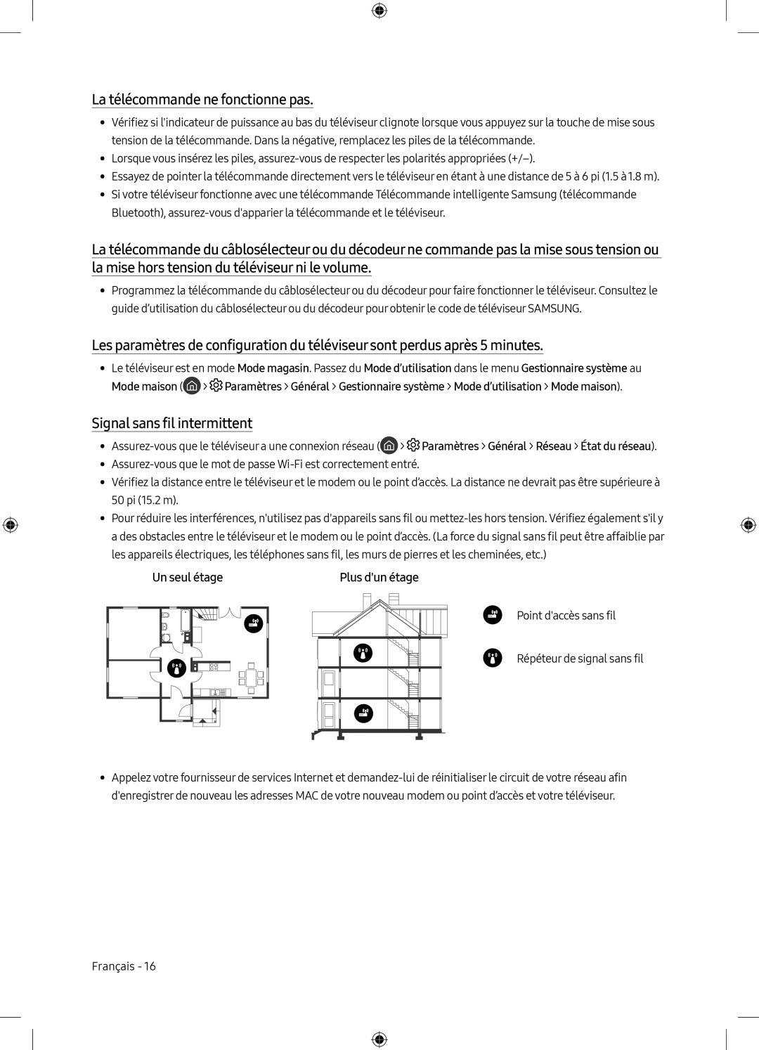 La télécommande ne fonctionne pas Les paramètres de configuration du téléviseursont perdus après 5 minutes