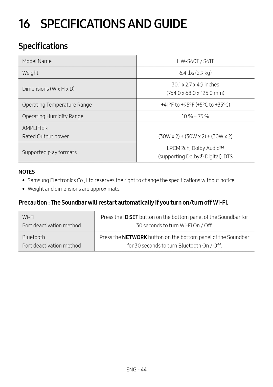 16 SPECIFICATIONS AND GUIDE Lifestyle HW-S60T