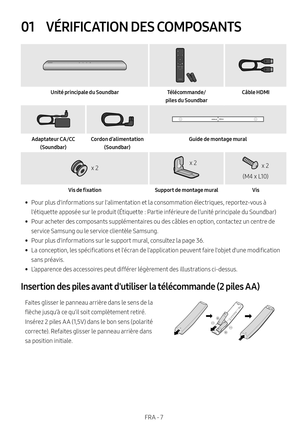 Insertion des piles avant d'utiliser la télécommande (2 piles AA) 01 VÉRIFICATION DES COMPOSANTS