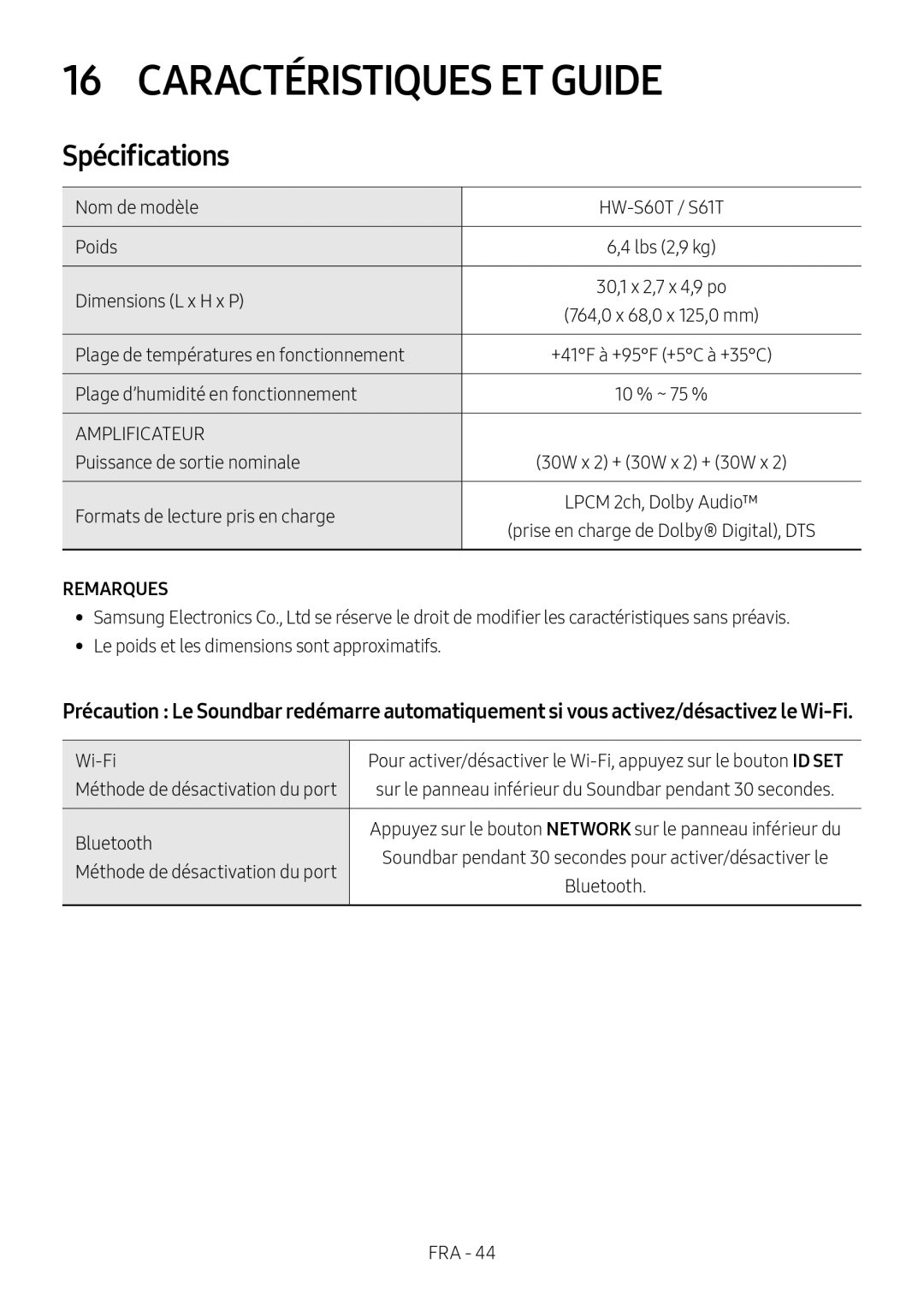 Spécifications 16 CARACTÉRISTIQUES ET GUIDE