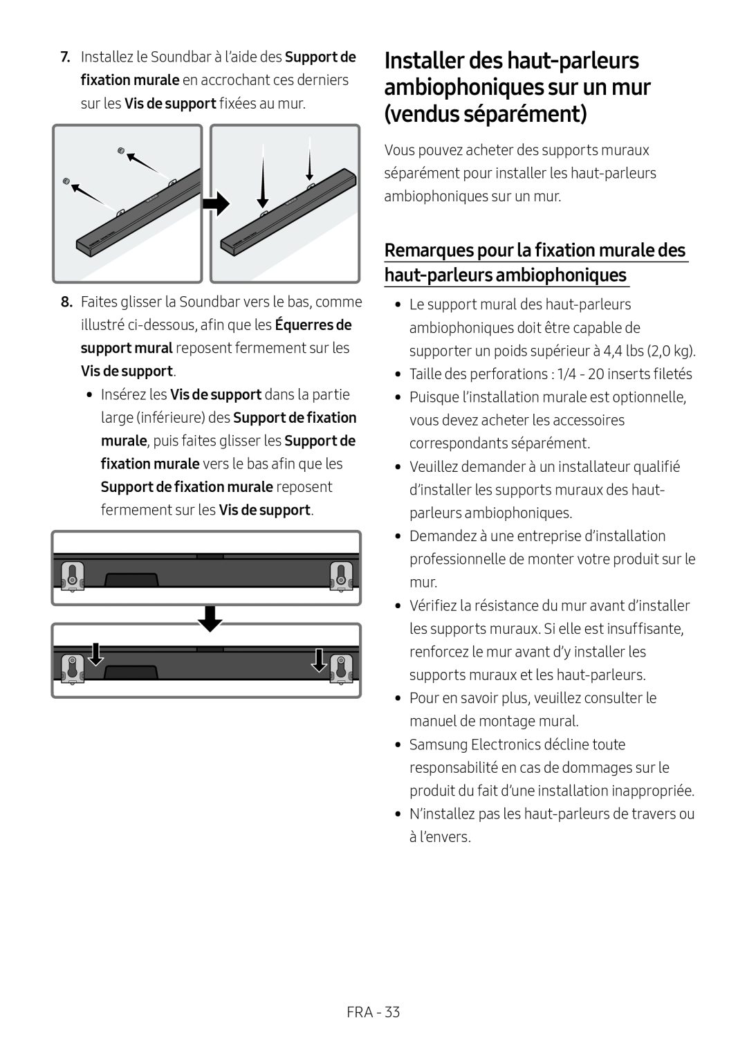 Remarques pour la fixation murale des haut-parleursambiophoniques Dolby Atmos HW-N950