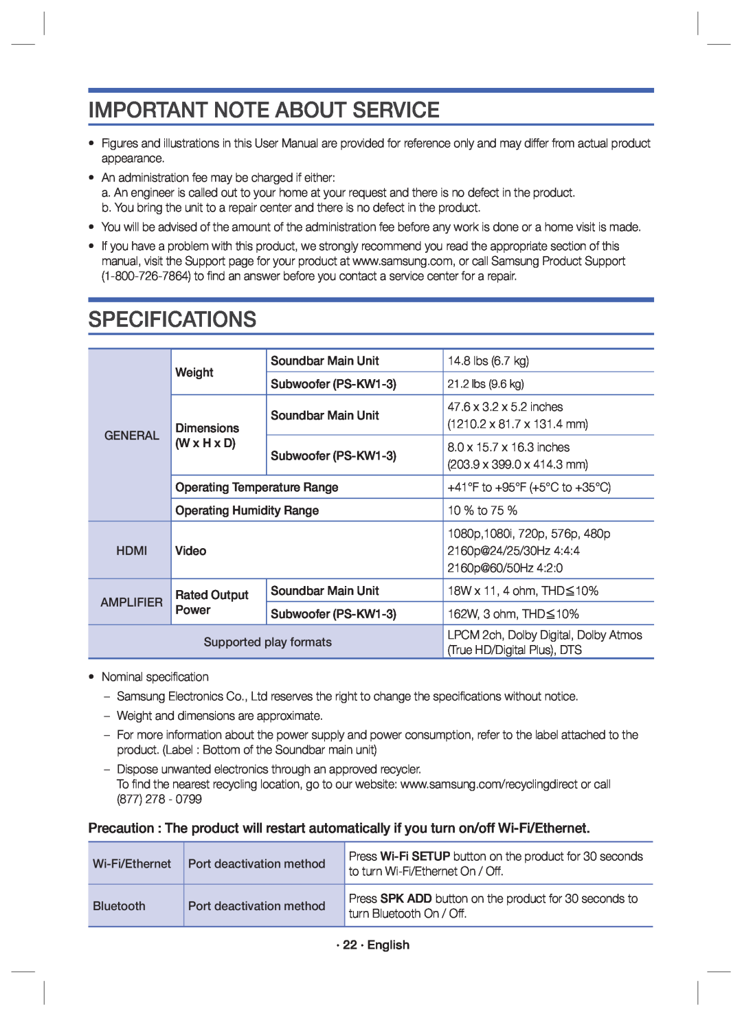 IMPORTANT NOTE ABOUT SERVICE SPECIFICATIONS