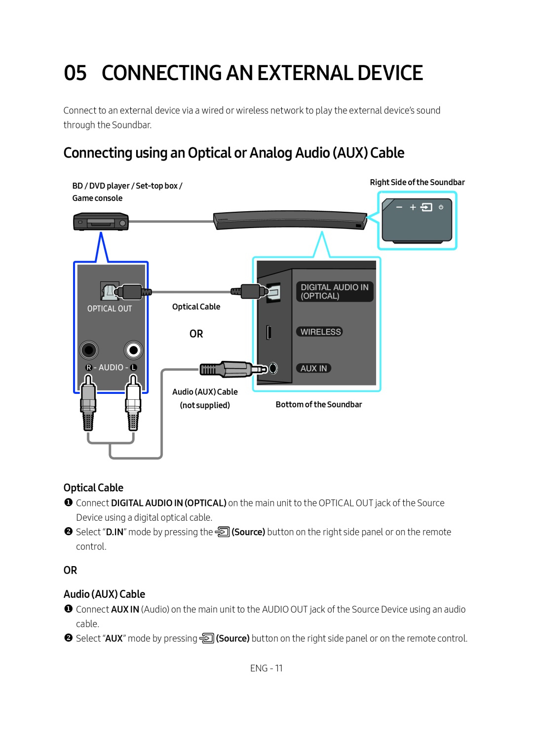 Connecting using an Optical or Analog Audio (AUX) Cable Curved HW-MS6500