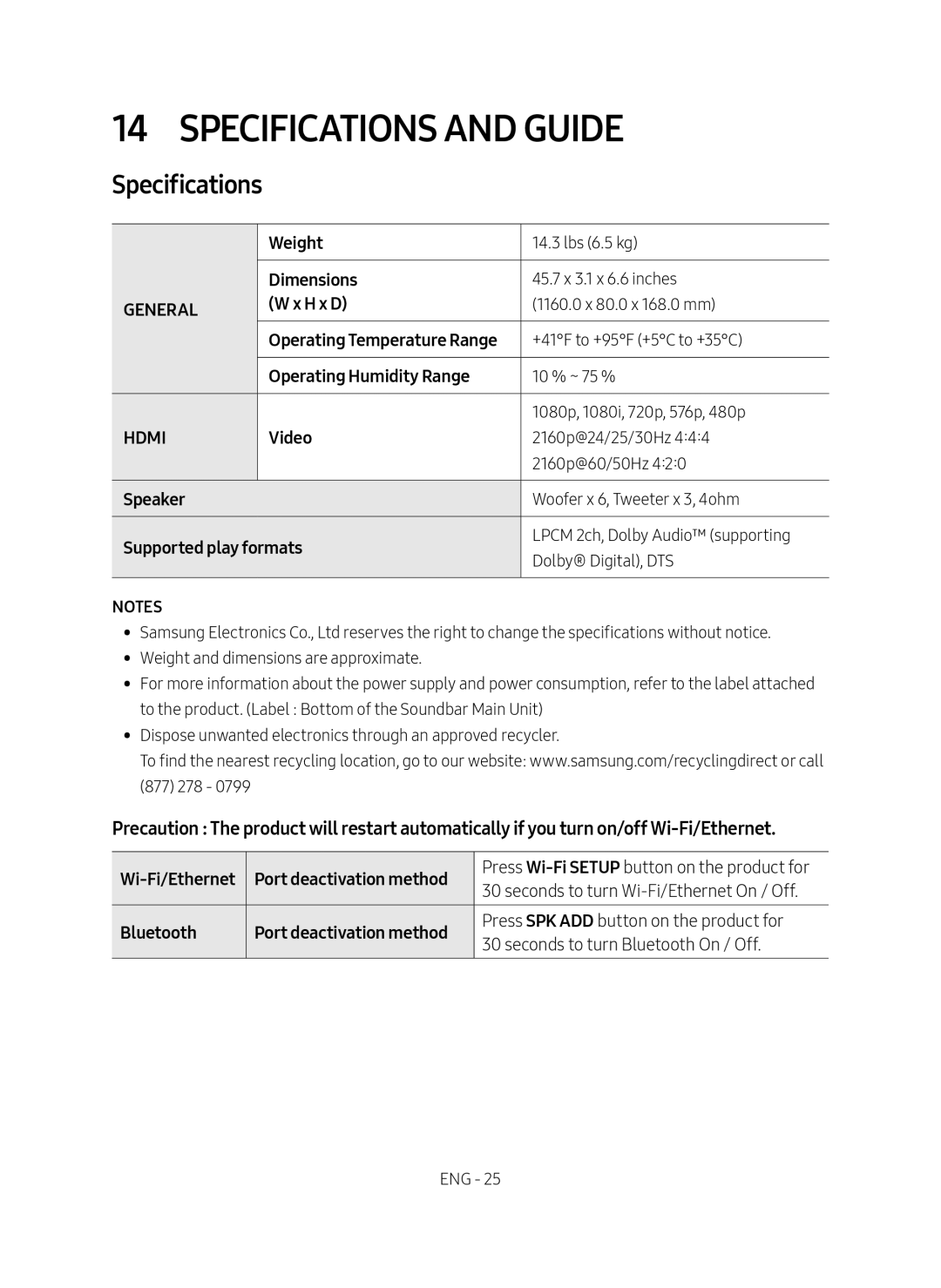 Specifications 14 SPECIFICATIONS AND GUIDE