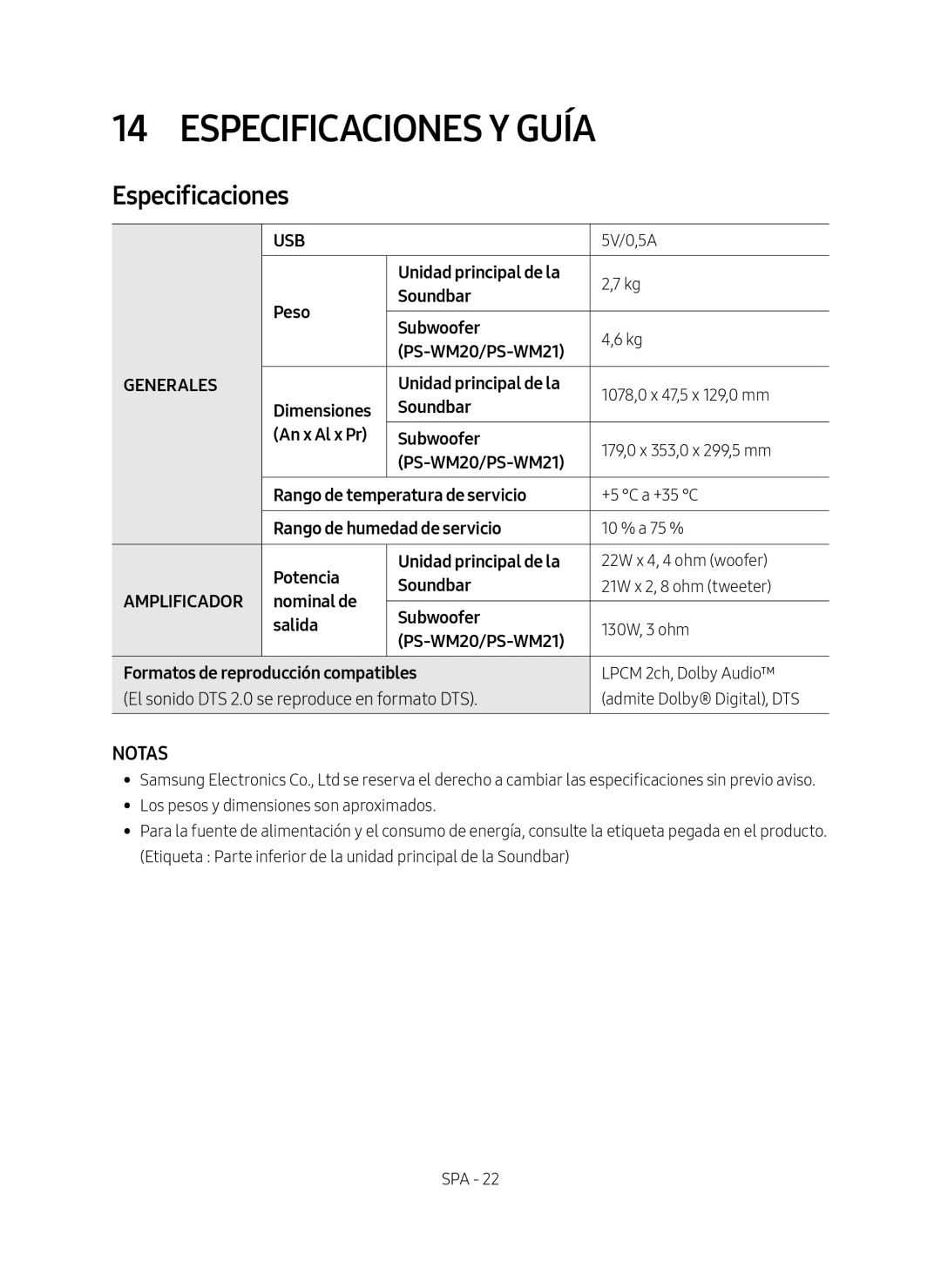 NOTAS Especificaciones