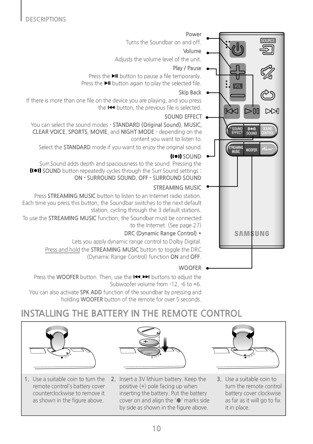 INSTALLING THE BATTERY IN THE REMOTE CONTROL Curved HW-J6500