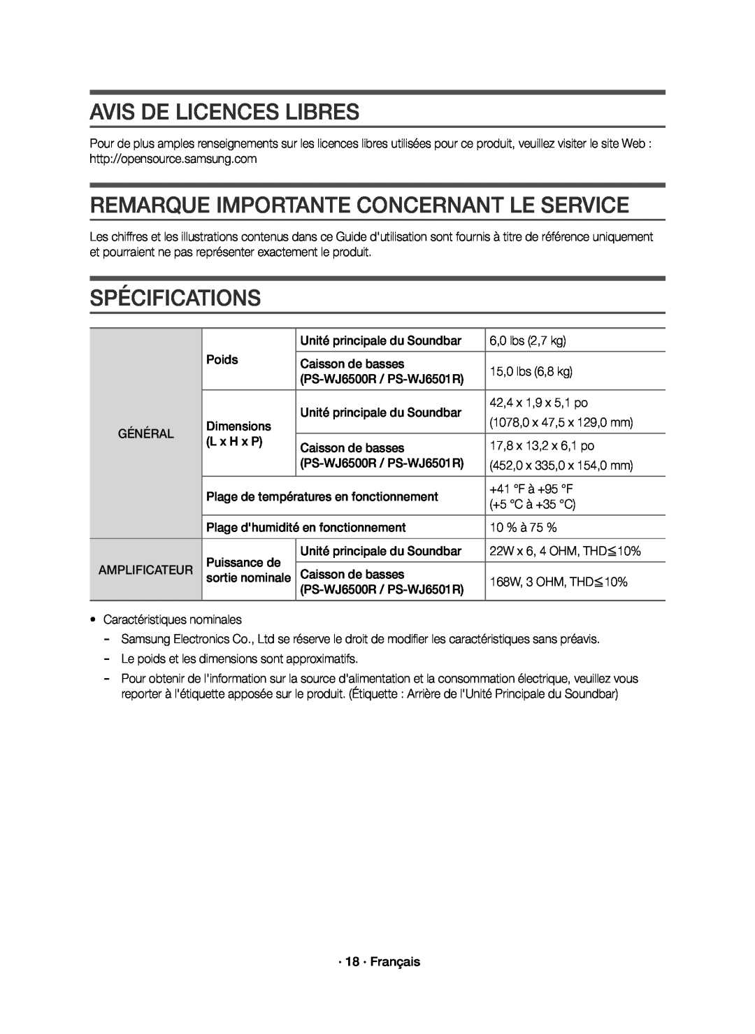 REMARQUE IMPORTANTE CONCERNANT LE SERVICE Curved HW-J6500R