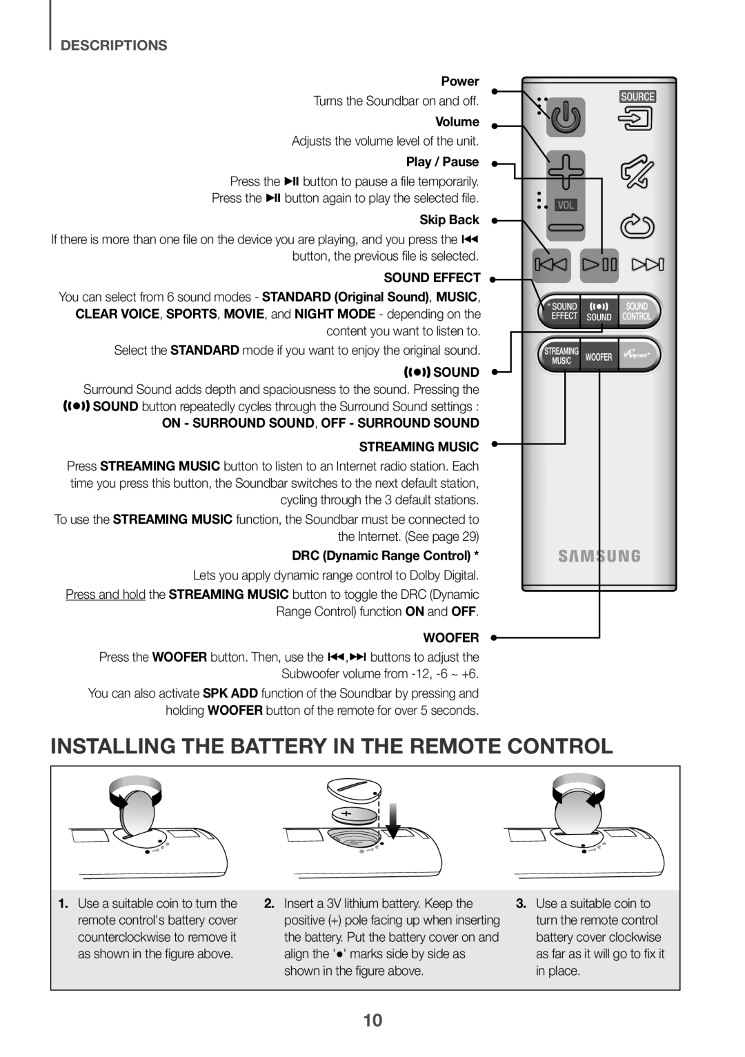 INSTALLING THE BATTERY IN THE REMOTE CONTROL Curved HW-J7500R, HW-J7501R