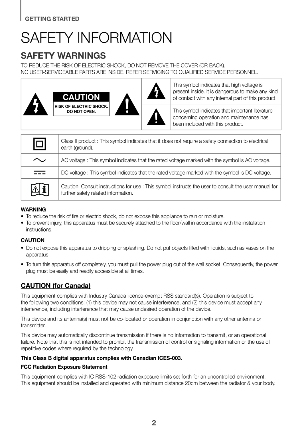 GETTING STARTED CAUTION (for Canada)