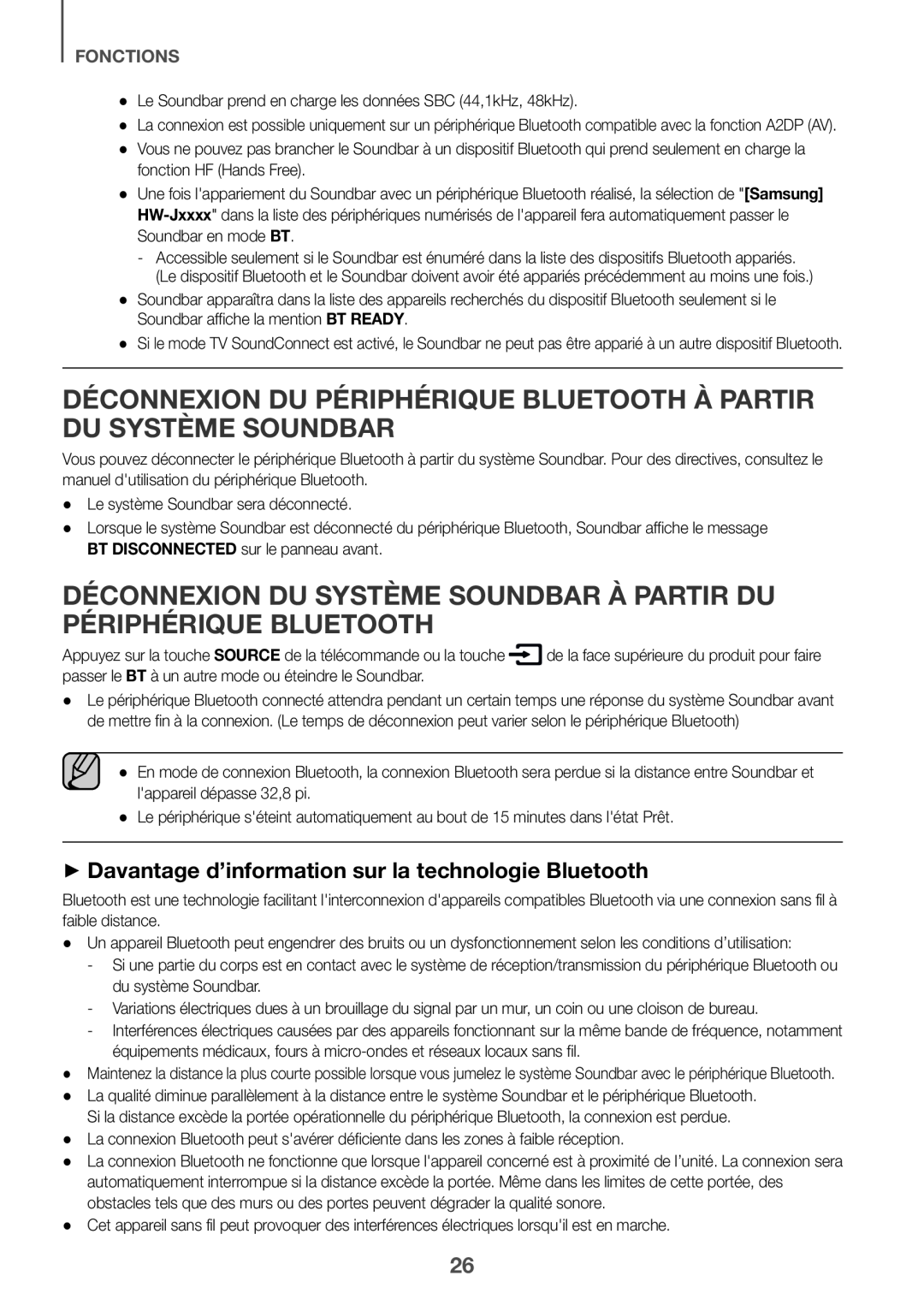 ++Davantage d’information sur la technologie Bluetooth DÉCONNEXION DU PÉRIPHÉRIQUE BLUETOOTH À PARTIR DU SYSTÈME SOUNDBAR