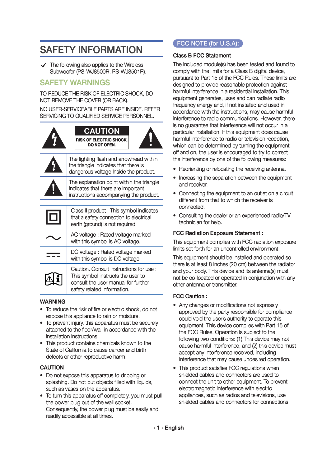 FCC NOTE (for U.S.A): SAFETY WARNINGS