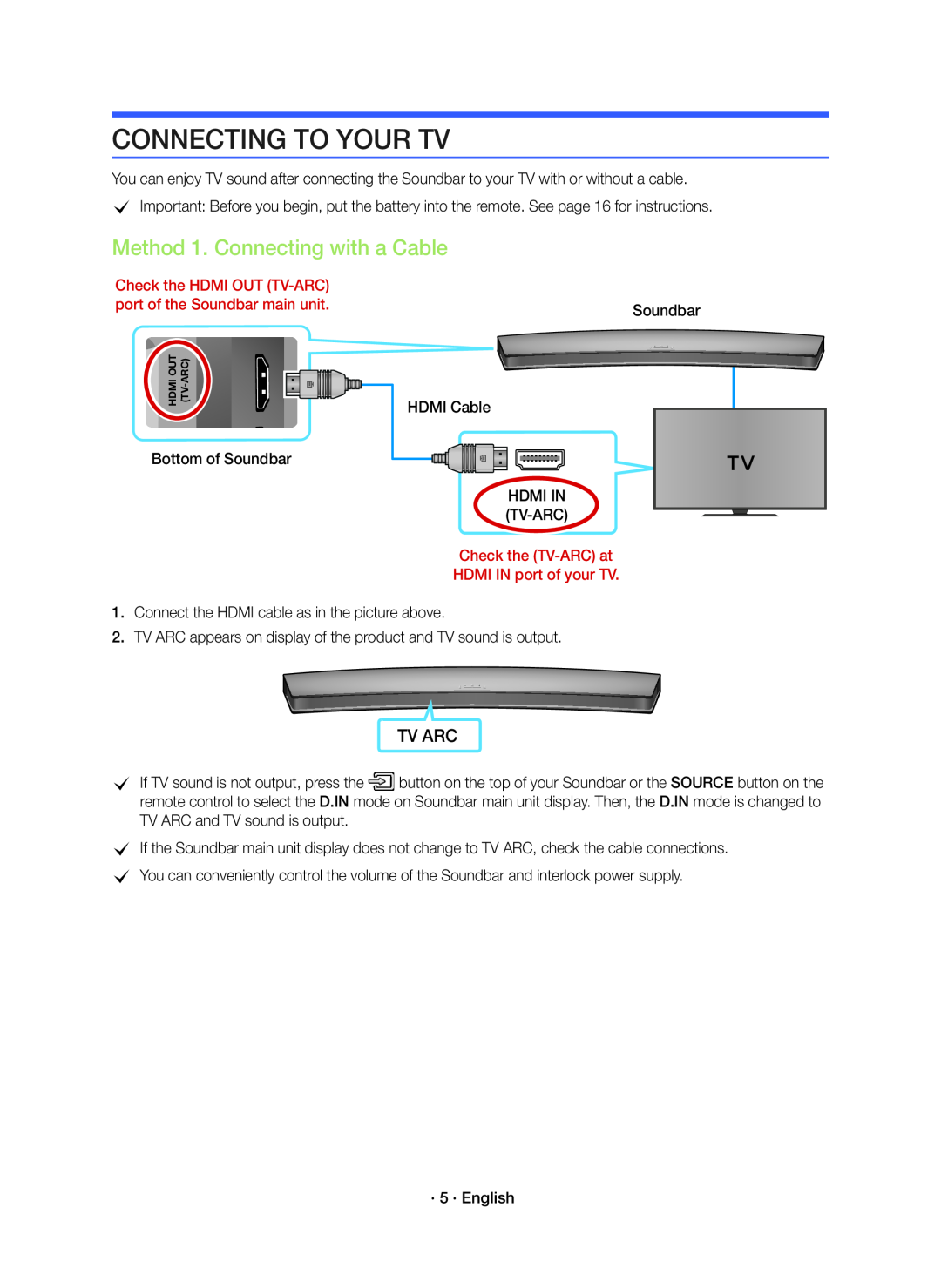 TV ARC Method 1. Connecting with a Cable