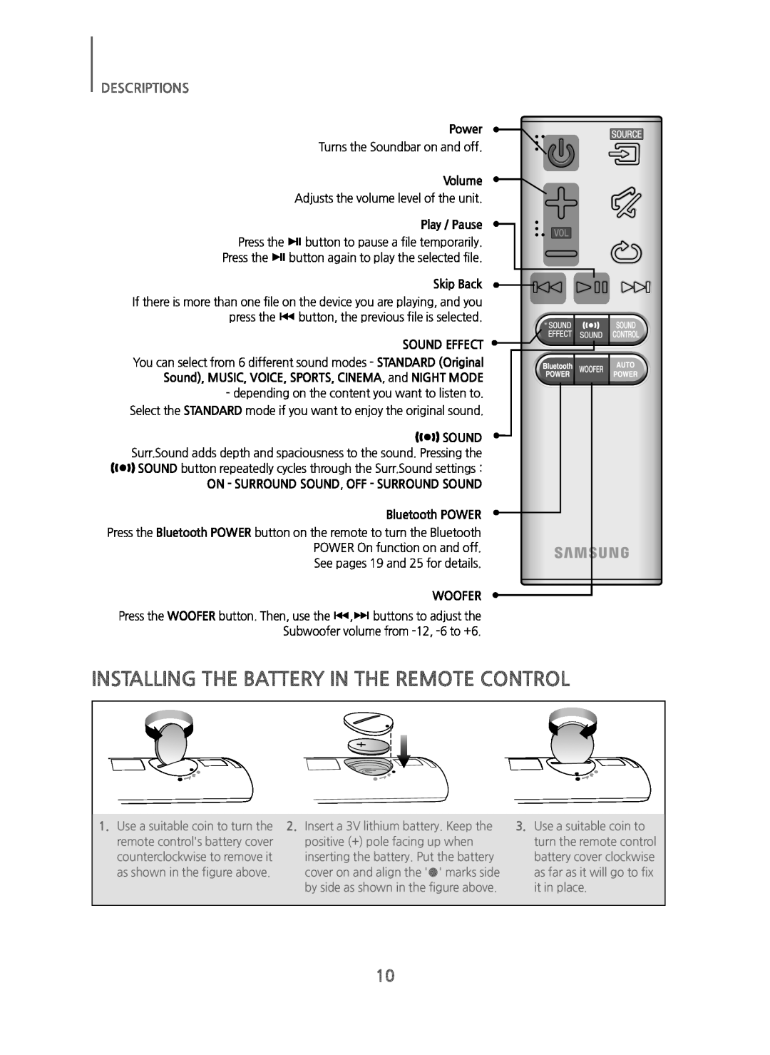 INSTALLING THE BATTERY IN THE REMOTE CONTROL Curved HW-JM6000C