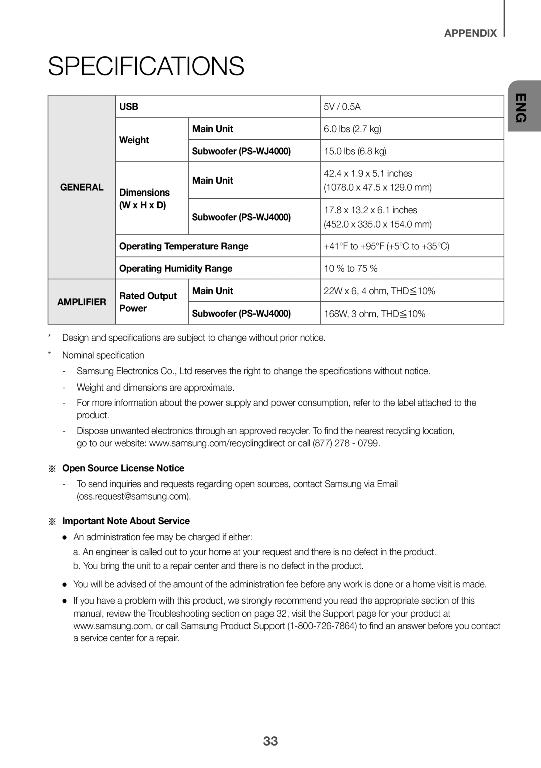 SPECIFICATIONS Curved HW-J4000