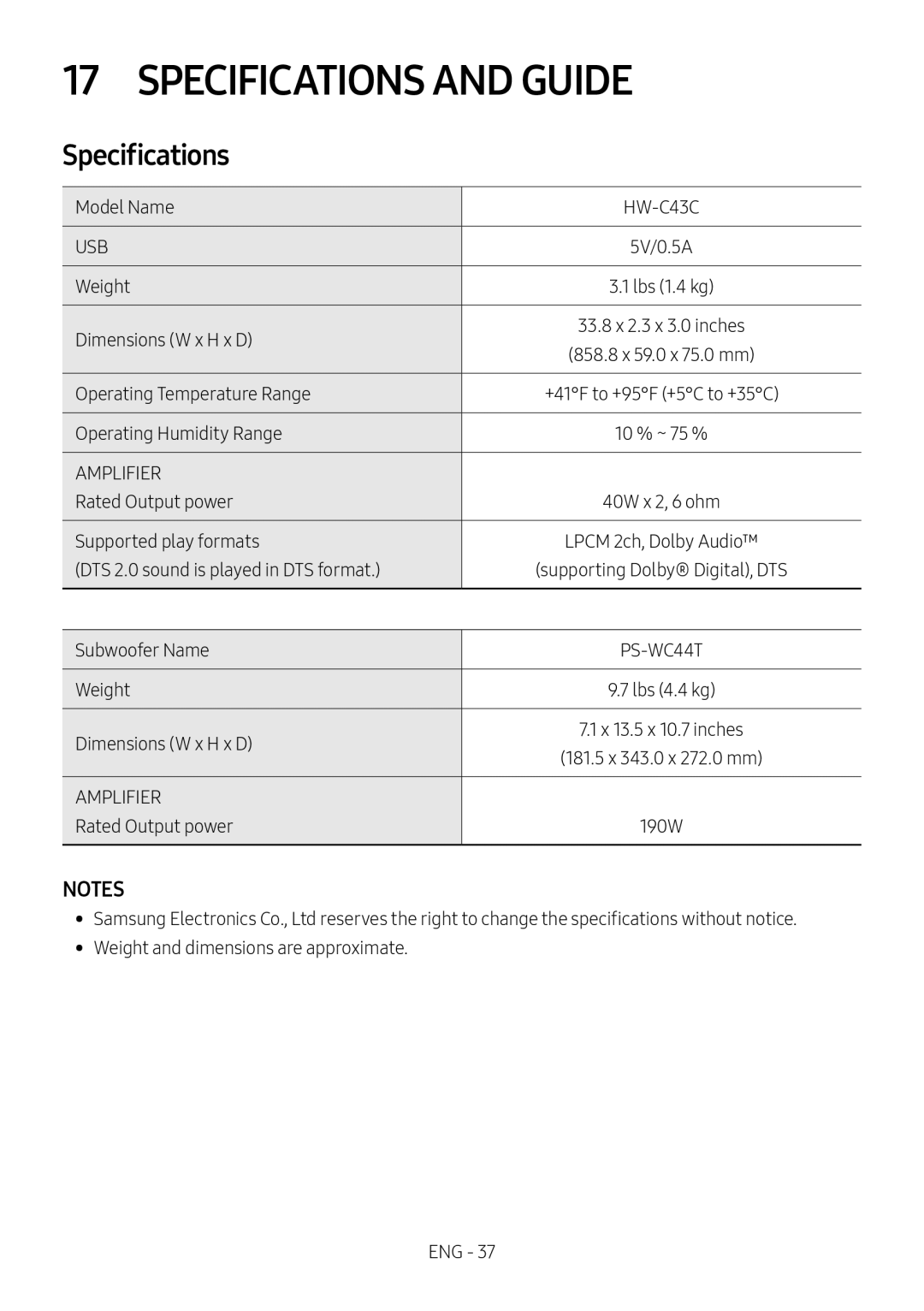 Specifications Standard HW-C43M