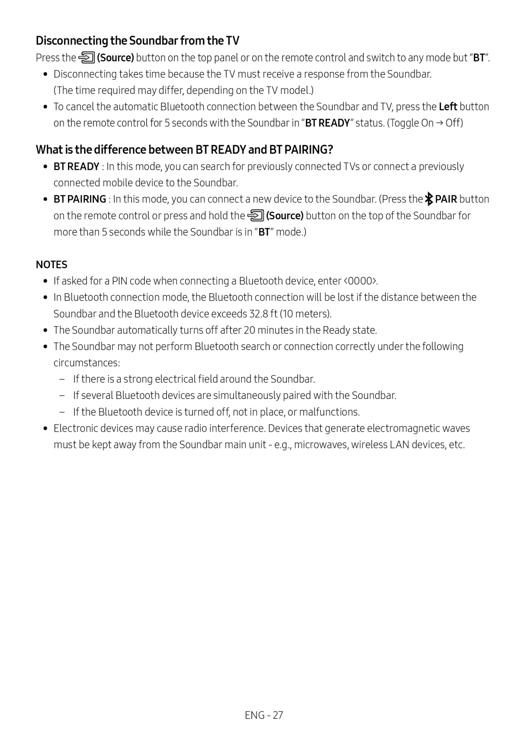 What is the difference between BT READY and BT PAIRING Standard HW-B67C