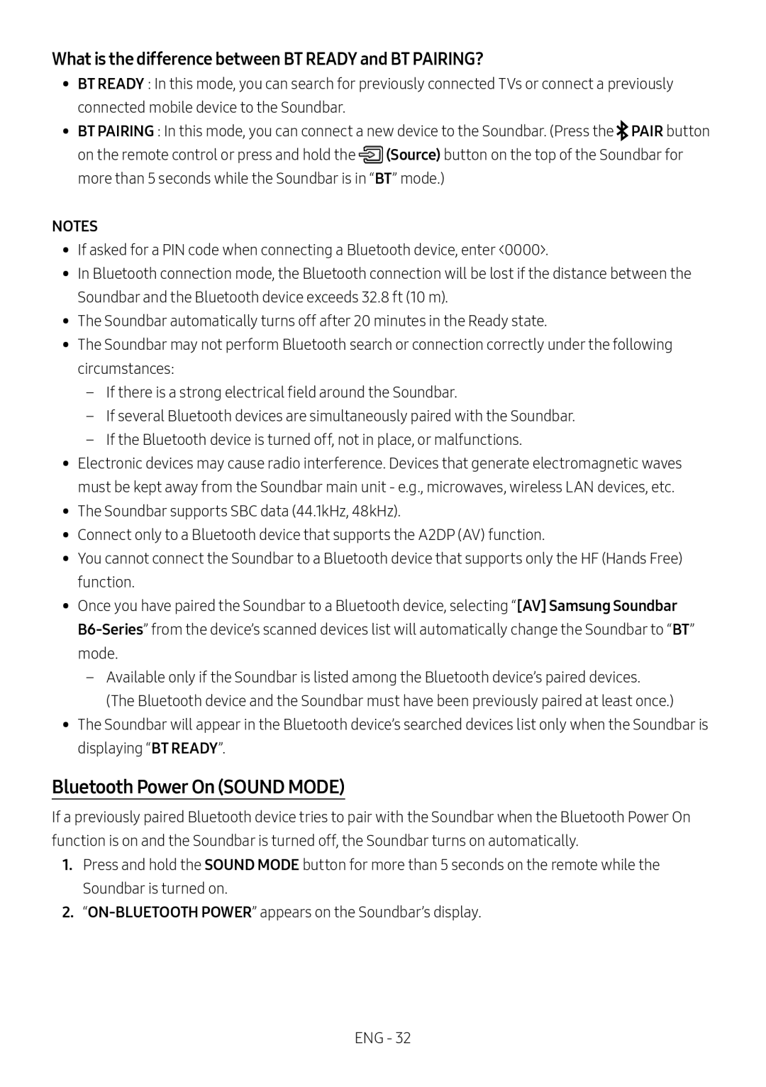 Bluetooth Power On (SOUND MODE) Standard HW-B67C