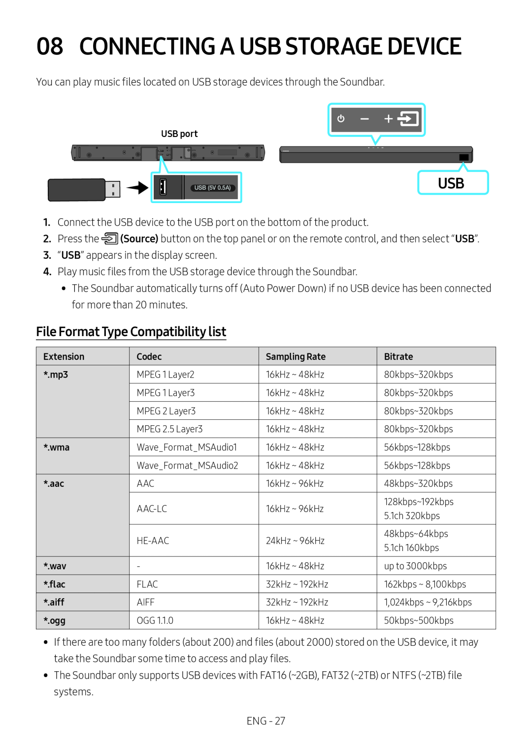 File Format Type Compatibility list 08 CONNECTING A USB STORAGE DEVICE