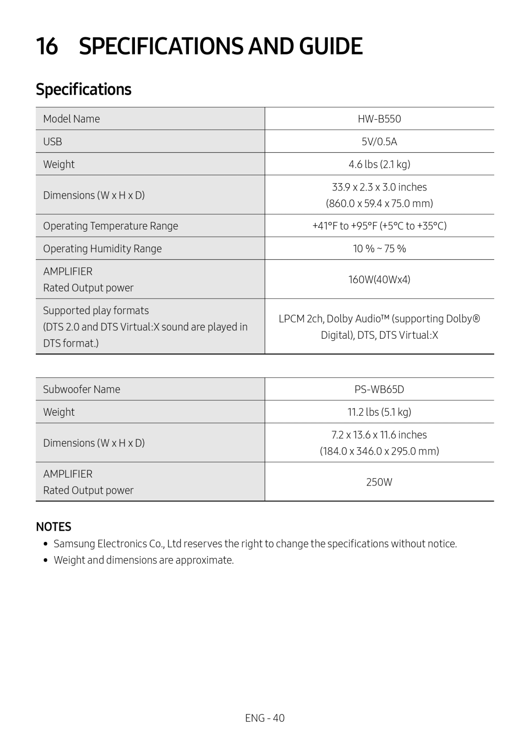 NOTES Specifications