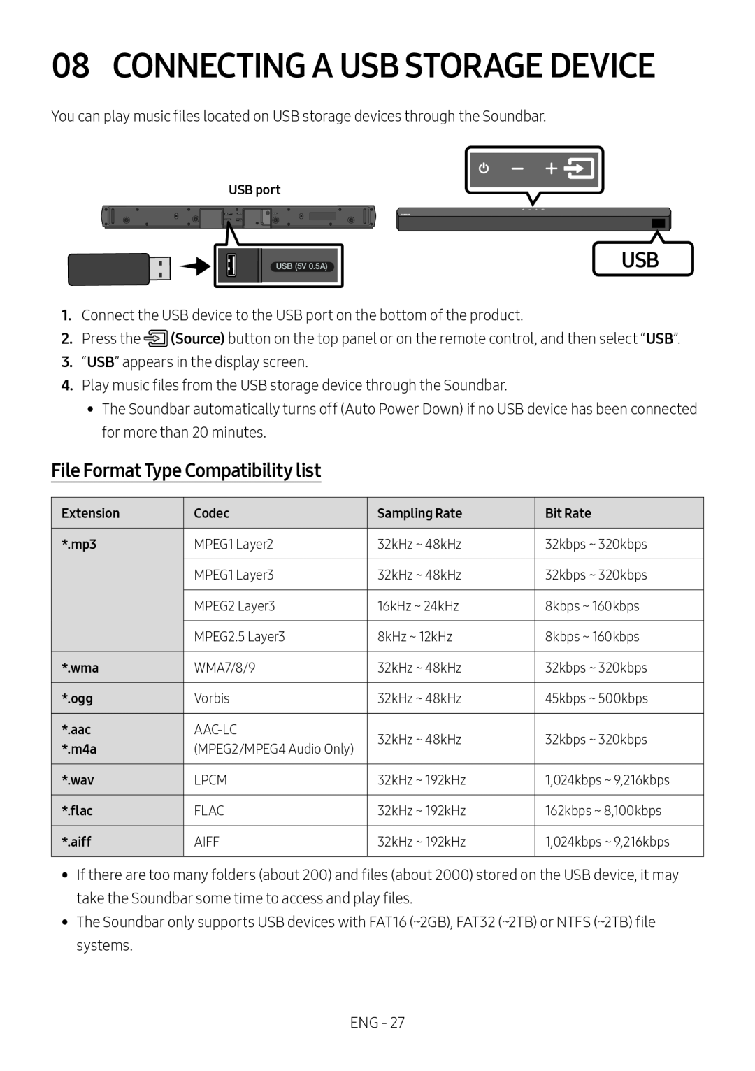 File Format Type Compatibility list 08 CONNECTING A USB STORAGE DEVICE