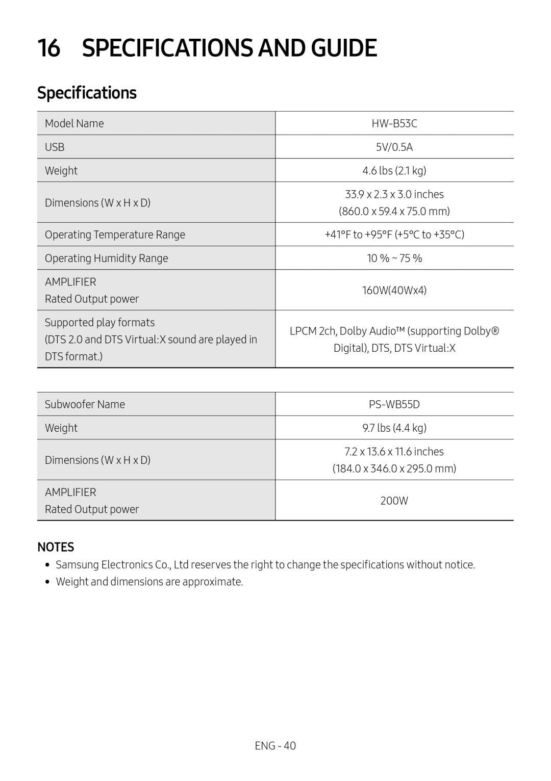 Specifications Standard HW-B53C