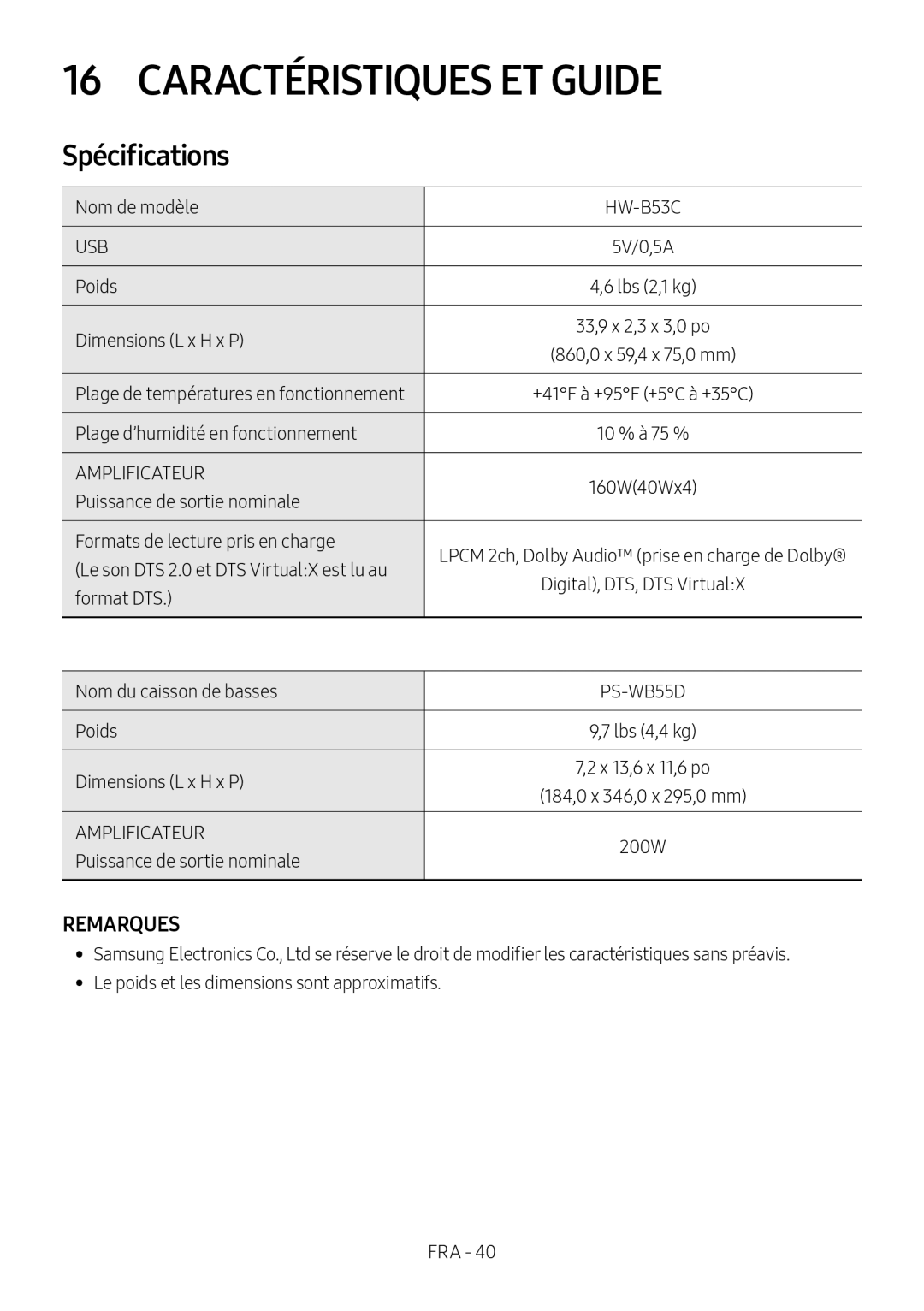 Spécifications Standard HW-B53C