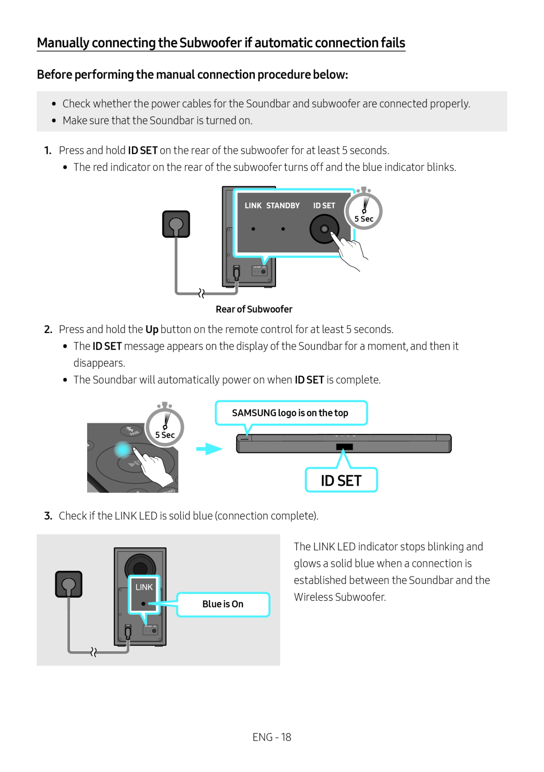 Manually connecting the Subwoofer if automatic connection fails Standard HW-B43M