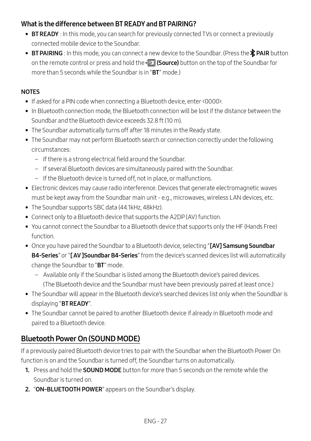 Bluetooth Power On (SOUND MODE) Standard HW-B43M