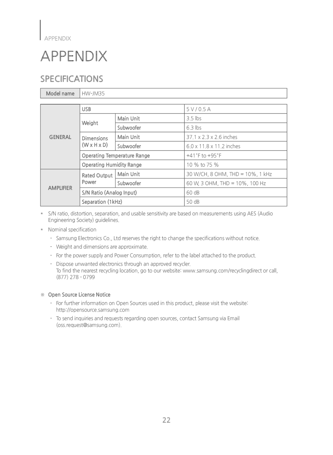 SPECIFICATIONS Standard HW-JM35